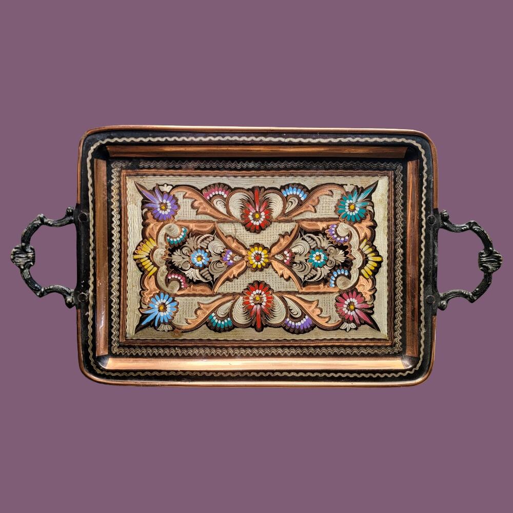Vintage 1970s Turkish Copper Art Minakari Enamel and Mina Work Tray with Flowers